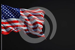 Isolated American flag with stars and stripes waving in wind on pole against black background. AI Generated