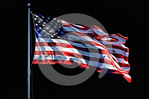 Isolated American flag with stars and stripes waving in wind on pole against black background. AI Generated