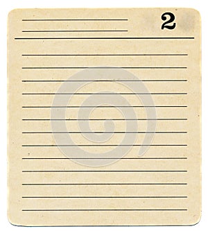 Isolated ancient index card paper background with number two