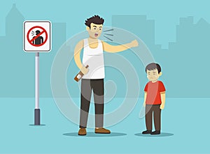 Isolated angry drunk male character yelling at his kid beside `no yelling` sign.Sad boy crying after his dad shouting at him.