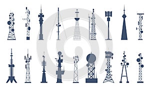 Isolated antenna tower silhouettes, 5g cell and gsm signal equipment. Communication internet towers, telecom or radio