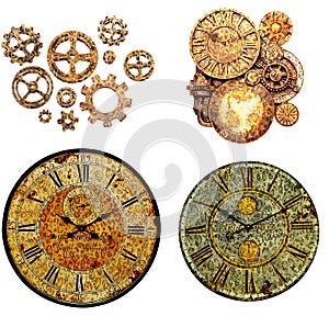Isolated antique gold clock and golden chain on white background