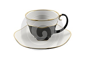 Isolated antique porcelain cup black and with gold on white background. 3D Illustration.