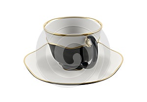 Isolated antique porcelain cup with gold on white background. 3D Illustration.