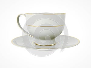 Isolated antique porcelain cup with gold on white background. 3D Illustration