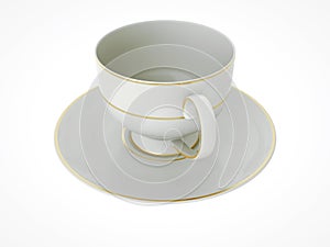 Isolated antique porcelain cup with gold on white background. 3D Illustration