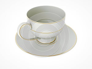 Isolated antique porcelain cup with gold on white background. 3D Illustration