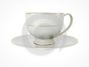 Isolated antique porcelain cup with gold on white background. 3D Illustration