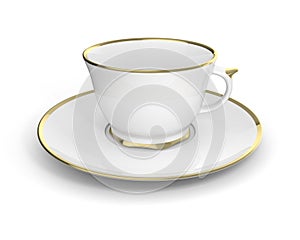 Isolated antique porcelain cup with gold on white background. 3D Illustration.