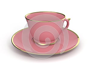 Isolated antique porcelain cup with gold on white background. 3D Illustration.