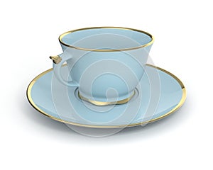 Isolated antique porcelain cup with gold on white background. 3D Illustration.