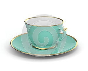 Isolated antique porcelain cup with gold on white background. 3D Illustration.