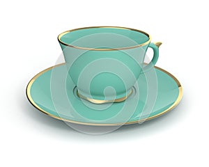 Isolated antique porcelain cup with gold on white background. 3D Illustration.