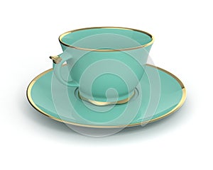 Isolated antique porcelain cup with gold on white background. 3D Illustration.