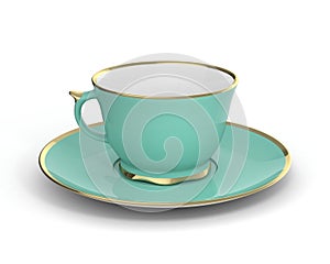 Isolated antique porcelain cup with gold on white background. 3D Illustration.