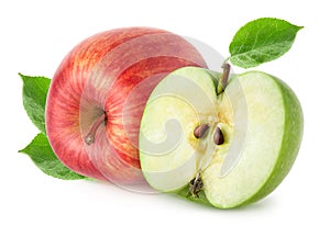 Isolated apples. Red apple fruit with green half isolated on white background, with clipping path.