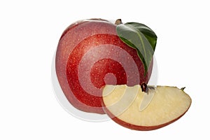 Isolated apples. Whole red apple fruit with slice cut with leaves isolated on white with clipping path