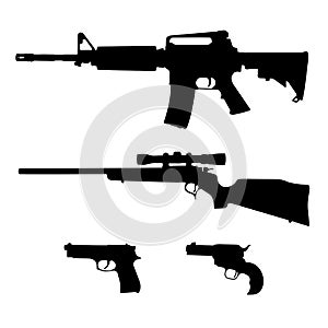 AR-15 style Semi-Automatic Rifle, Bolt Action Rifle and Pistols Silhouette Vector photo