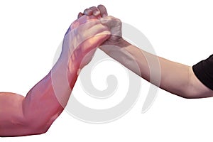 Arm wrestle between human arm and the artificial arm, human arm  is arm wrestleing robot inventor photo