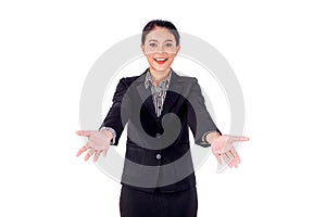 Isolated Asian business girl has action of invitation concept by open the palm of the hand forward and stand on white background