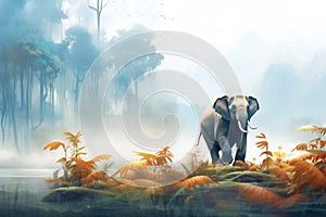 an isolated asian elephant standing in a misty jungle clearing