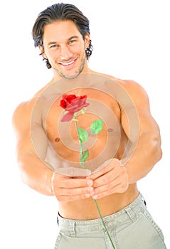 Isolated Attractive Young Man Holding Red Rose