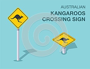 Isolated australian kangaroos crossing sign. Front and top view.