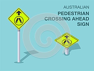 Isolated australian pedestrian crossing ahead sign. Front and top view.