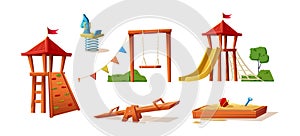 Isolated on background. Collection of kids playground elements, slide, swing, castle, sand pit.