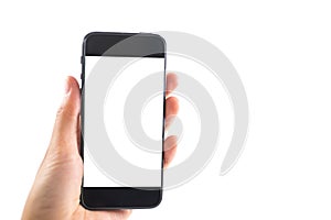 isolated background hand of caucasian woman hold mobile phone white screen. image for body, technology, communication, copy space