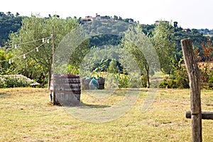 An isolated barrel in a meadow in the Tuscan countryside Tuscany, Italy