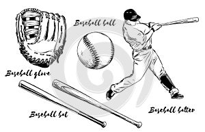 Isolated baseball set on white background. Hand-drawn elements such as baseball player, glove, bat and ball. Vector