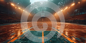 An isolated basketball court on asphalt in a forest at night