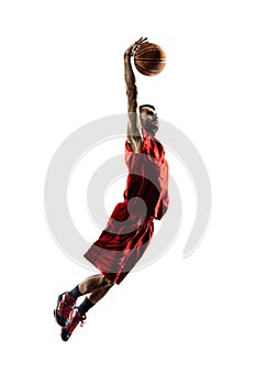 Isolated basketball player in action is flying