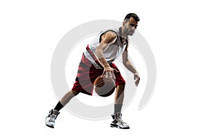 Isolated basketball player in action is flying