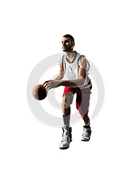 Isolated basketball player in action is flying