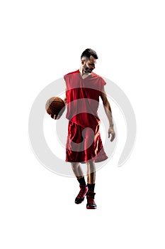 Isolated basketball player in action is flying