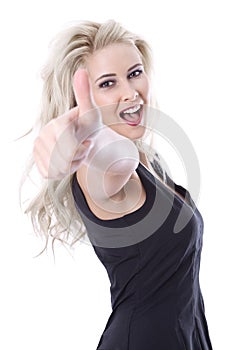 Isolated beautiful blond young woman with thumb up