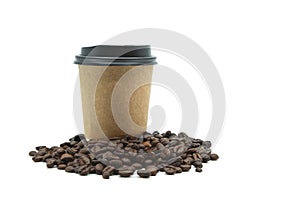 Isolated beautiful takeaway coffee cup with coffee beans on white background, brown paper wrap around takeaway coffee cup with