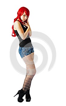 A isolated Beautiful woman wearing a red wig