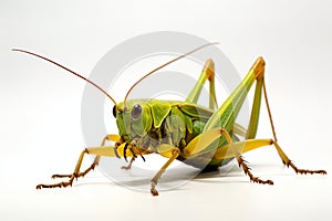 Isolated beauty Conehead Grasshopper, Ruspolia nitidula, on white backdrop