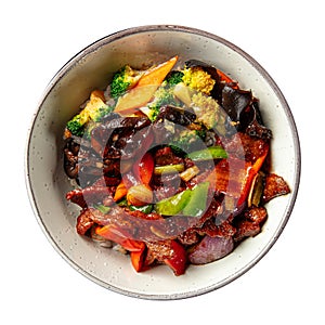 Isolated beef wok bowl with vegetables and rice