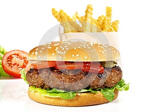 Isolated Big Size Hamburger with French Fries