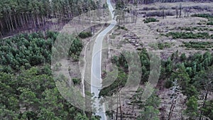 Isolated bike ride in forest. Cyclist riding alone on empty road in pine tree forest. Triathlete is pedalling on road bike on empt