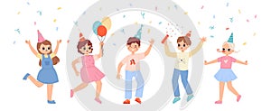 Isolated birthday children characters jumping under falling confetti. Funny kids with balloons clapperboard, happy