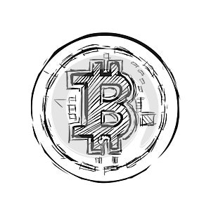 Isolated Bitcoin sketch. Physical bit coin. Digital currency. Cryptocurrency. Hand draw bitcoin.