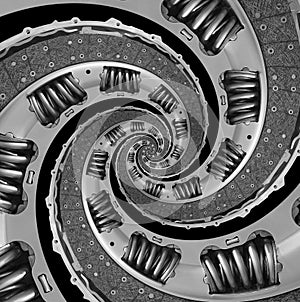 Isolated on black abstract composite truck car clutch disc spiral fractal pattern background. Car clutch part twisted spiral