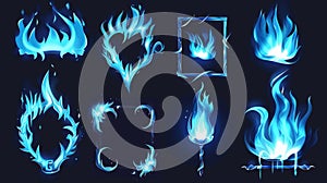 Isolated on black background, blue flame with frames and borders. Modern cartoon set of magic blaze in the shape of