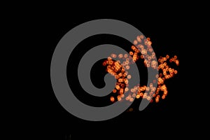 Isolated black background of blurred bokeh with warm golden lights in the shape of a star, fireworks. With a space to