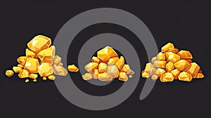 Isolated on black background, pile of gold nuggets. Treasure, trophy, and wealth icons isolated on black background